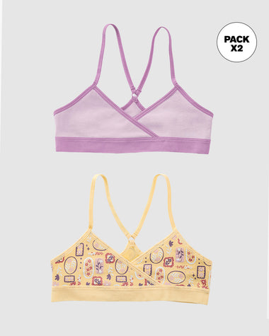 Top principiante con espalda deportiva para niña paquete x 2#color_s05-lila-amarillo-estampado-flores