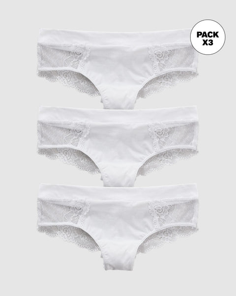 Paquete x3 bloomers cachetero en microfibra y detalles en encaje#color_000-blanco