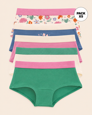 Paquete x 5 bloomers tipo hipster para niña#color_s33-flores-arco-iris-rosado-marfil-verde