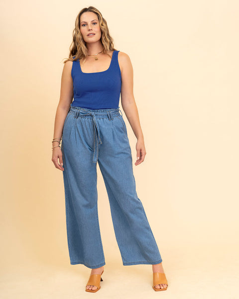 Pantalón paper bag con tira para anudar en cintura#color_052-azul-medio