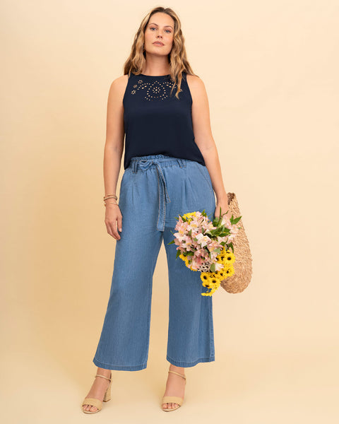 Pantalón paper bag con tira para anudar en cintura#color_052-azul-medio