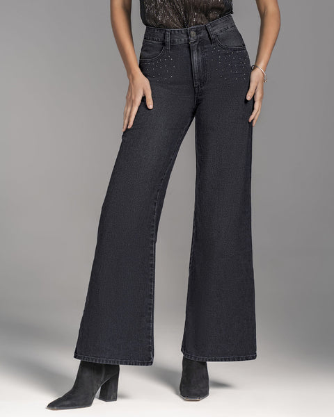 Jean ruedo amplio con detalle de piedras#color_700-negro