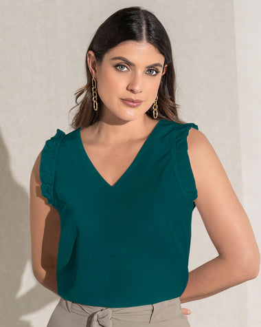 Blusa sin mangas cuello en V con boleros en mangas#color_636-verde-azul