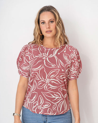 Blusa manga corta con cuello redondo y nudo en mangas#color_014-estampado-flor