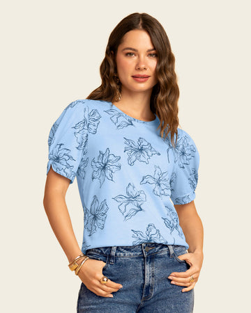 Blusa manga corta con cuello redondo y nudo en mangas#color_485-flores