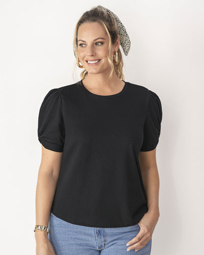 Blusa manga corta con cuello redondo y nudo en mangas#color_700-negro