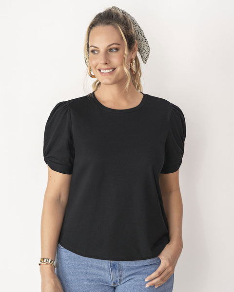 Blusa manga corta con cuello redondo y nudo en mangas#color_700-negro