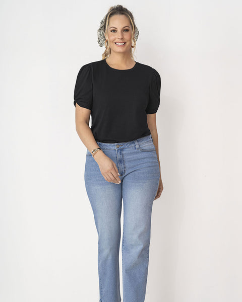 Blusa manga corta con cuello redondo y nudo en mangas#color_700-negro