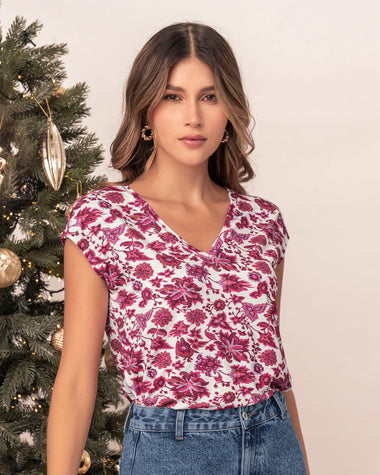 Blusa estampada manga corta con cuello en V#color_098-flores