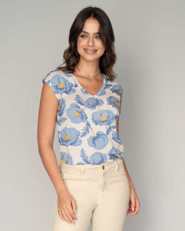 Blusa estampada manga corta con cuello en V#color_100-flores