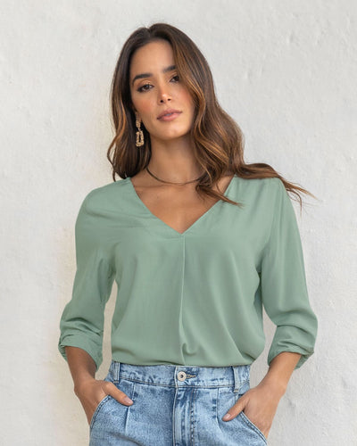 Blusa manga 3/4 con charretera en mangas#color_601-verde-claro