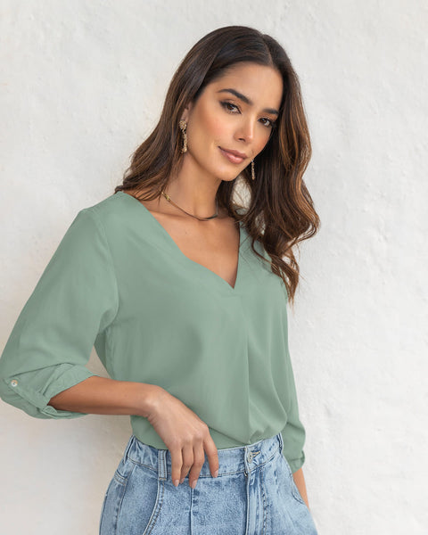 Blusa manga 3/4 con charretera en mangas#color_601-verde-claro