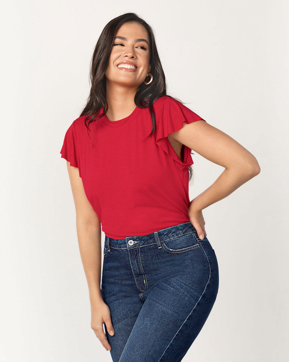 Blusa manga corta con cuello redondo y boleros en mangas