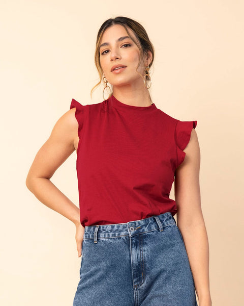 Blusa  sin  mangas con cuello alto y boleros#color_302-rojo