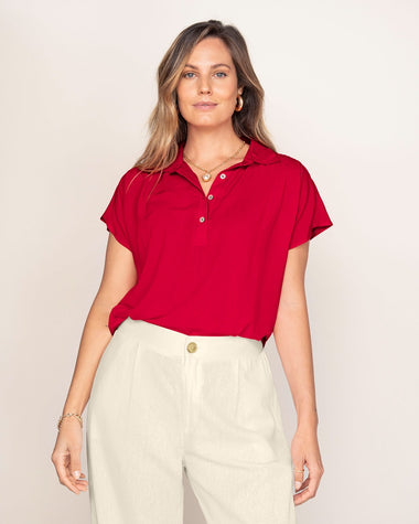 Blusa manga corta con perilla funcional y cuello camisero#color_302-rojo