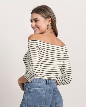 Blusa manga 3/4 con cuello bandeja#color_011-blanco-negro