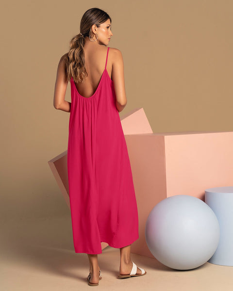 Vestido largo de tiritas y escote en U recogido#color_316-fucsia