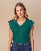 Blusa manga corta con cuello en v y doblez en mangas