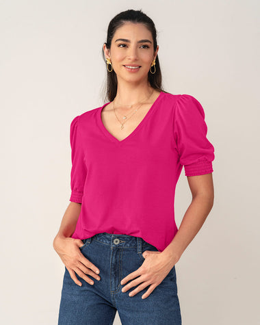 Blusa manga corta con elástico en mangas#color_316-fucsia