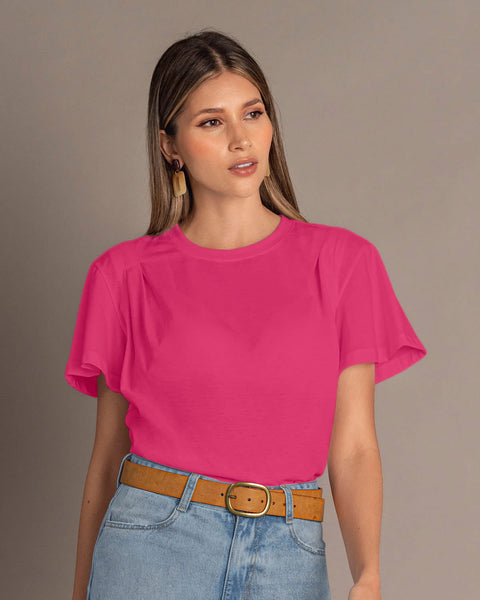 Blusa básica manga corta con cuello redondo#color_345-fucsia