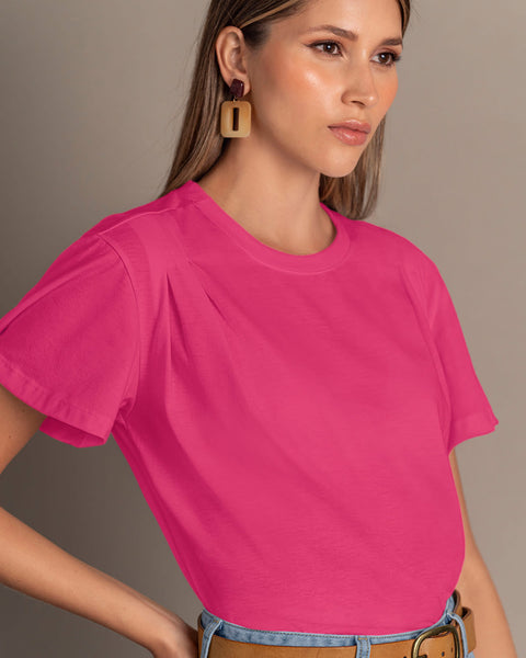 Blusa básica manga corta con cuello redondo#color_345-fucsia