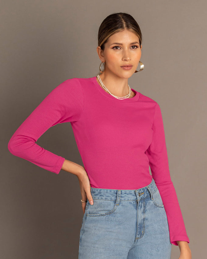 Blusa básica cuello redondo manga larga#color_313-rosado