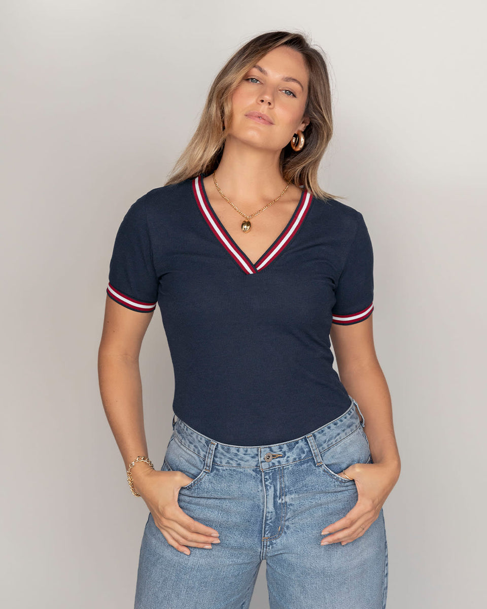 Blusa manga corta con cuello y puños tejidos en contraste