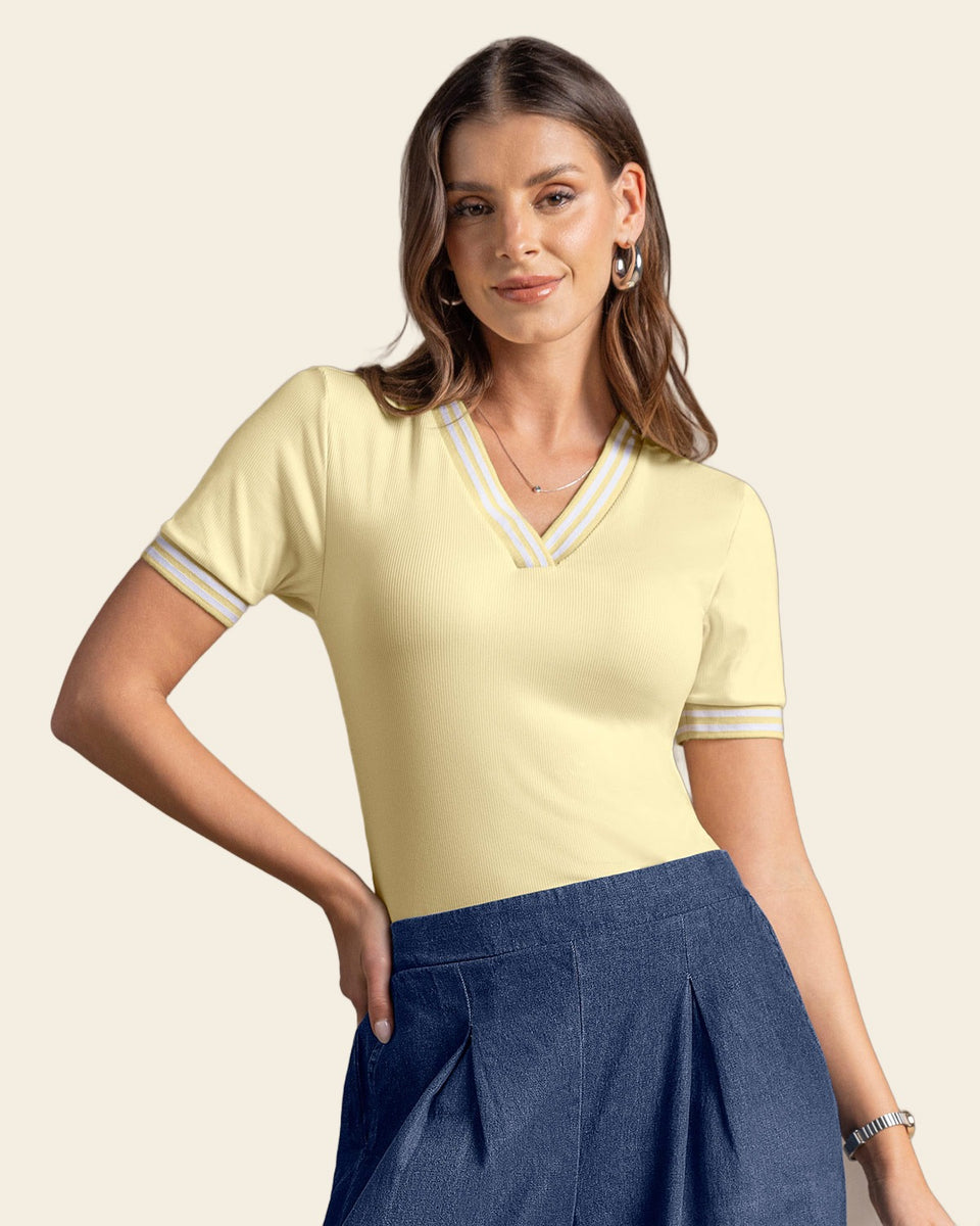 Blusa manga corta con cuello y puños tejidos en contraste