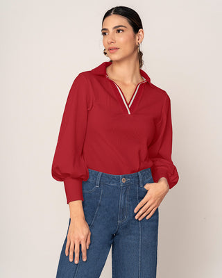 Blusa manga larga con cuello tejido y tela acanalada#color_136-rojo