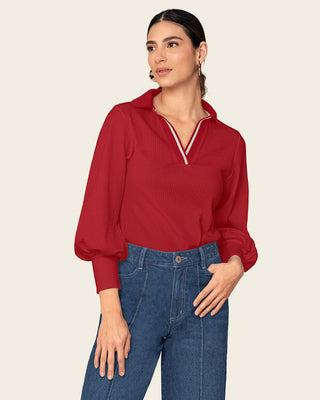 Blusa manga larga con cuello tejido y tela acanalada#color_136-rojo