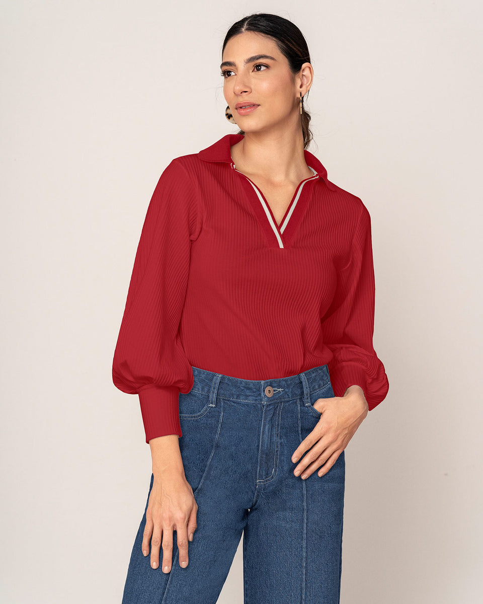 Blusa manga larga con cuello tejido y tela acanalada
