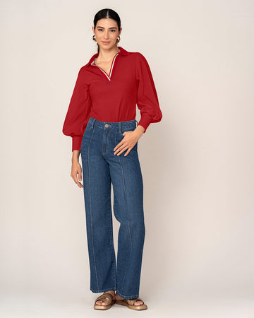 Blusa manga larga con cuello tejido y tela acanalada#color_136-rojo