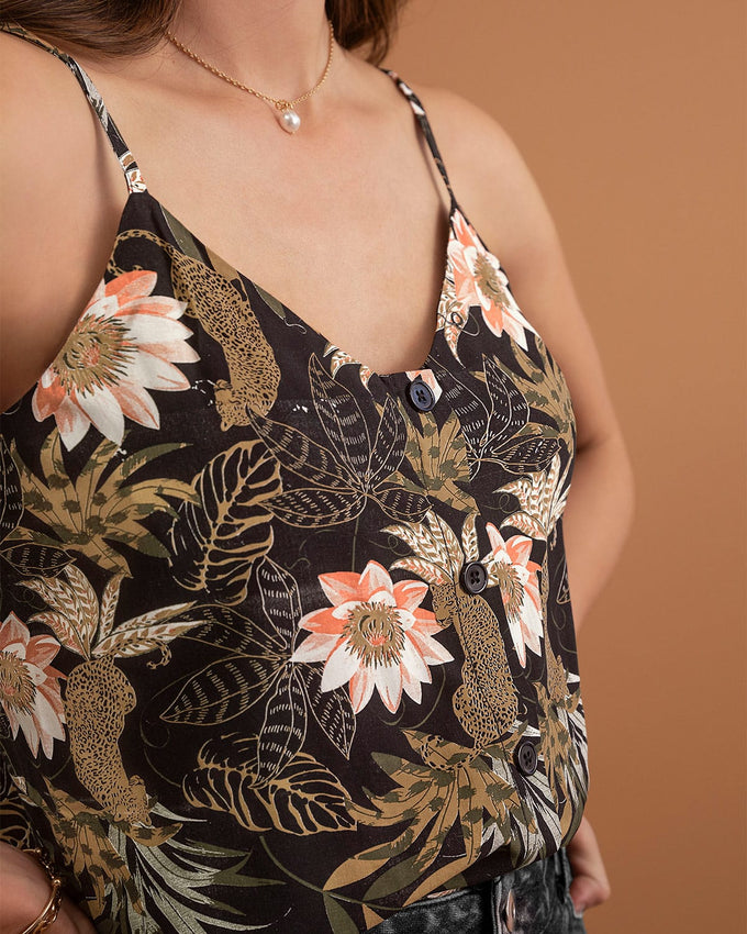 Blusa de tiritas con escote en V y perilla decorativa#color_145-estampado