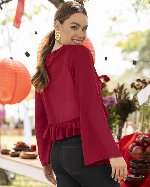 Blusa manga larga con bolero en escote y tiras en frente para anudar#color_302-rojo