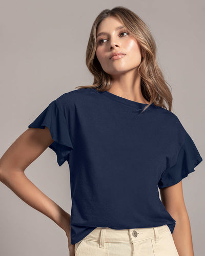 Blusa manga corta con bolero en combinación de tela#color_509-azul-navy