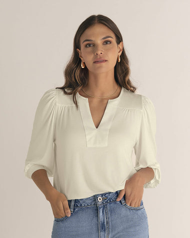 Blusa manga 3/4 con recogido en hombros#color_018-marfil
