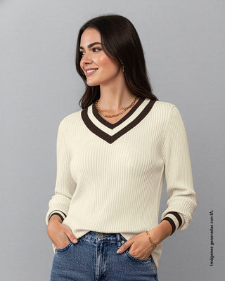 Suéter cuello en V elaborado en tejido de punto#color_806-marfil-cafe