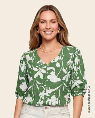 Blusa manga 3/4 con botones con ojales#color_061-hojas