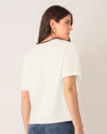 Blusa manga corta con detalle tejido en el cuello#color_018-marfil