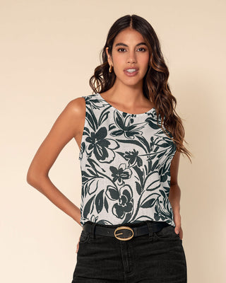 Blusa sin mangas estampada de cuello redondo alto#color_001-marfil-est