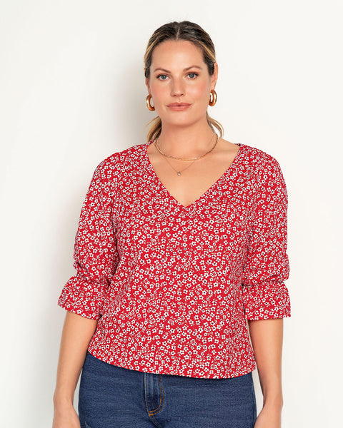 Blusa estampada con elástico recogido para mangas tipo globo#color_145-estampado-flores-rojas