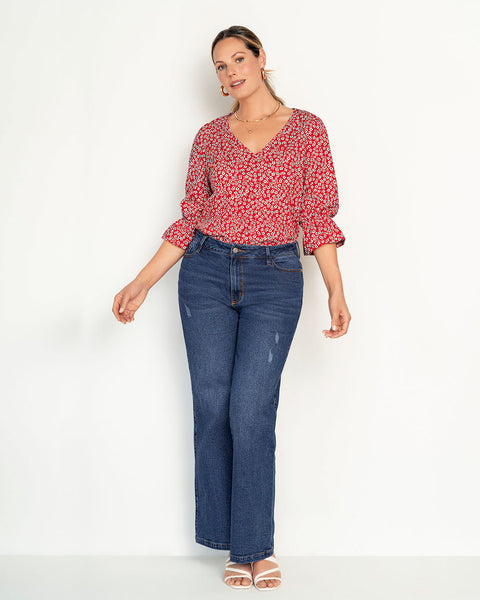 Blusa estampada con elástico recogido para mangas tipo globo#color_145-estampado-flores-rojas