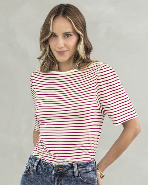Blusa manga corta con cuello tipo bandeja#color_146-raya-vino