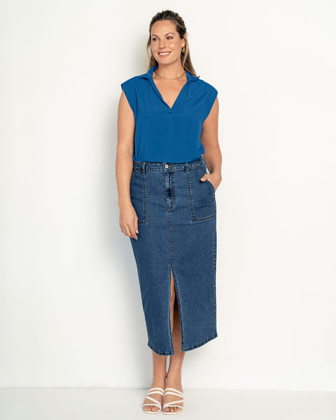 Blusa sin  mangas cuello camisero en V#color_055-azul