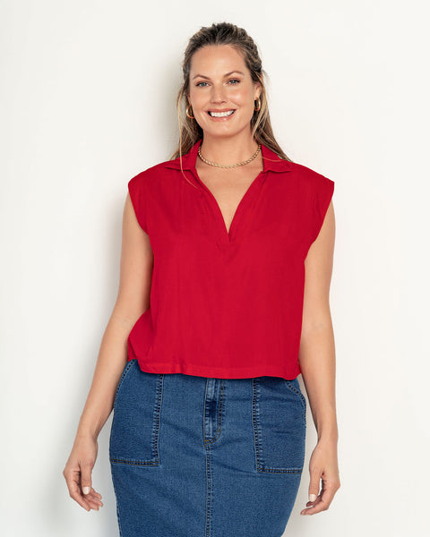 Blusa sin  mangas cuello camisero en V#color_340-rojo