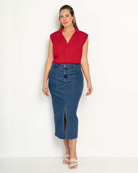 Blusa sin  mangas cuello camisero en V#color_340-rojo