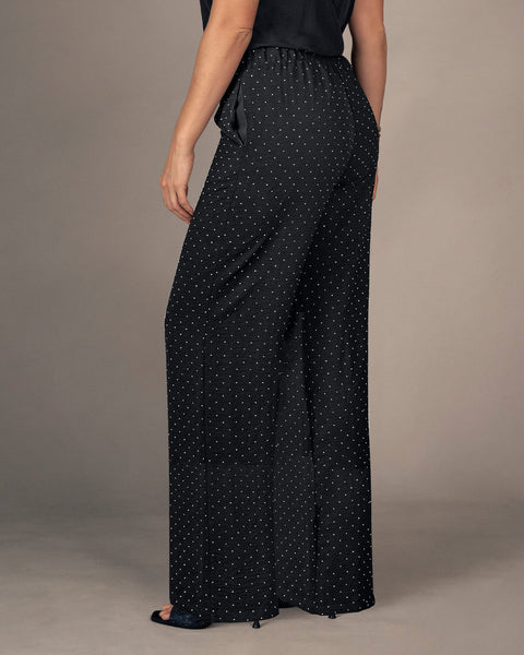 Pantalón ruedo recto en tela con apliques con brillo#color_700-negro