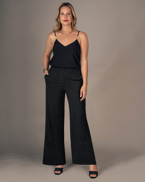 Pantalón ruedo recto en tela con apliques con brillo#color_700-negro