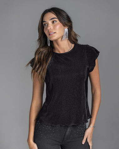 Blusa manga corta en tela satinada y acanalada#color_700-negro