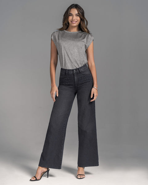 Blusa manga corta tela con brillo#color_708-plateado